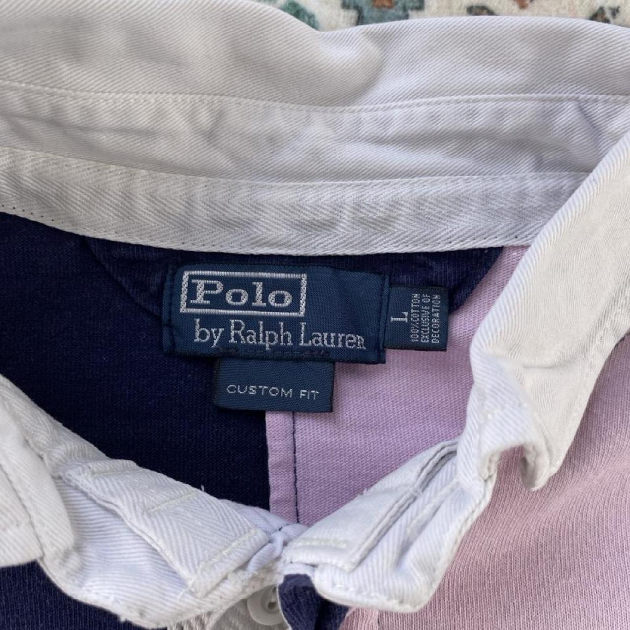Polo Ralph Lauren men's rugby polo shirt green and navy quarter panel design, embroidered logo.