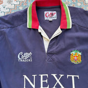 Cotton Traders men's rugby polo shirt, navy with fading, featuring Tigers logo and cotton material.