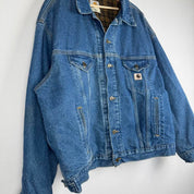 Carhartt denim trucker jacket 1990s style with classic logo and relaxed fit.