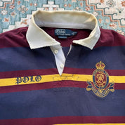 Polo Ralph Lauren burgundy and yellow short sleeve rugby polo with logo and collar details.