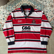 Cotton Traders men's long sleeve polo, red and white striped, embroidered Gloucester Rugby logo.