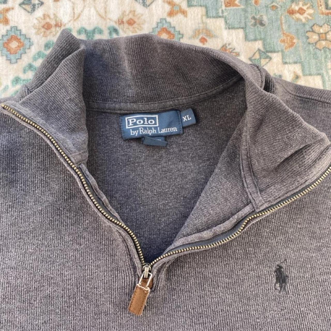 Polo Ralph Lauren grey quarter zip fleece with embroidered logo and soft material.