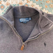 Polo Ralph Lauren grey quarter zip fleece with embroidered logo and soft material.