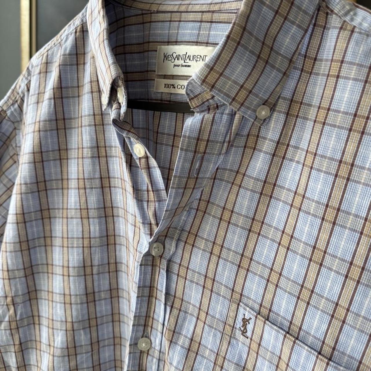 Yves Saint Laurent cream striped cropped shirt with logo detail and lightweight fabric.