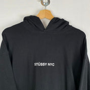 Stüssy grey hoodie with NYC centre print and backprint, relaxed fit.