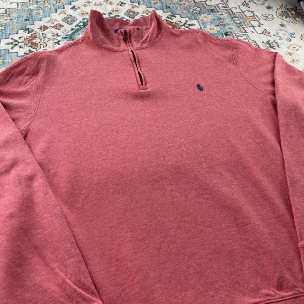 Polo Ralph Lauren pink quarter zip fleece with embroidered logo and soft material.