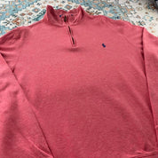 Polo Ralph Lauren pink quarter zip fleece with embroidered logo and soft material.
