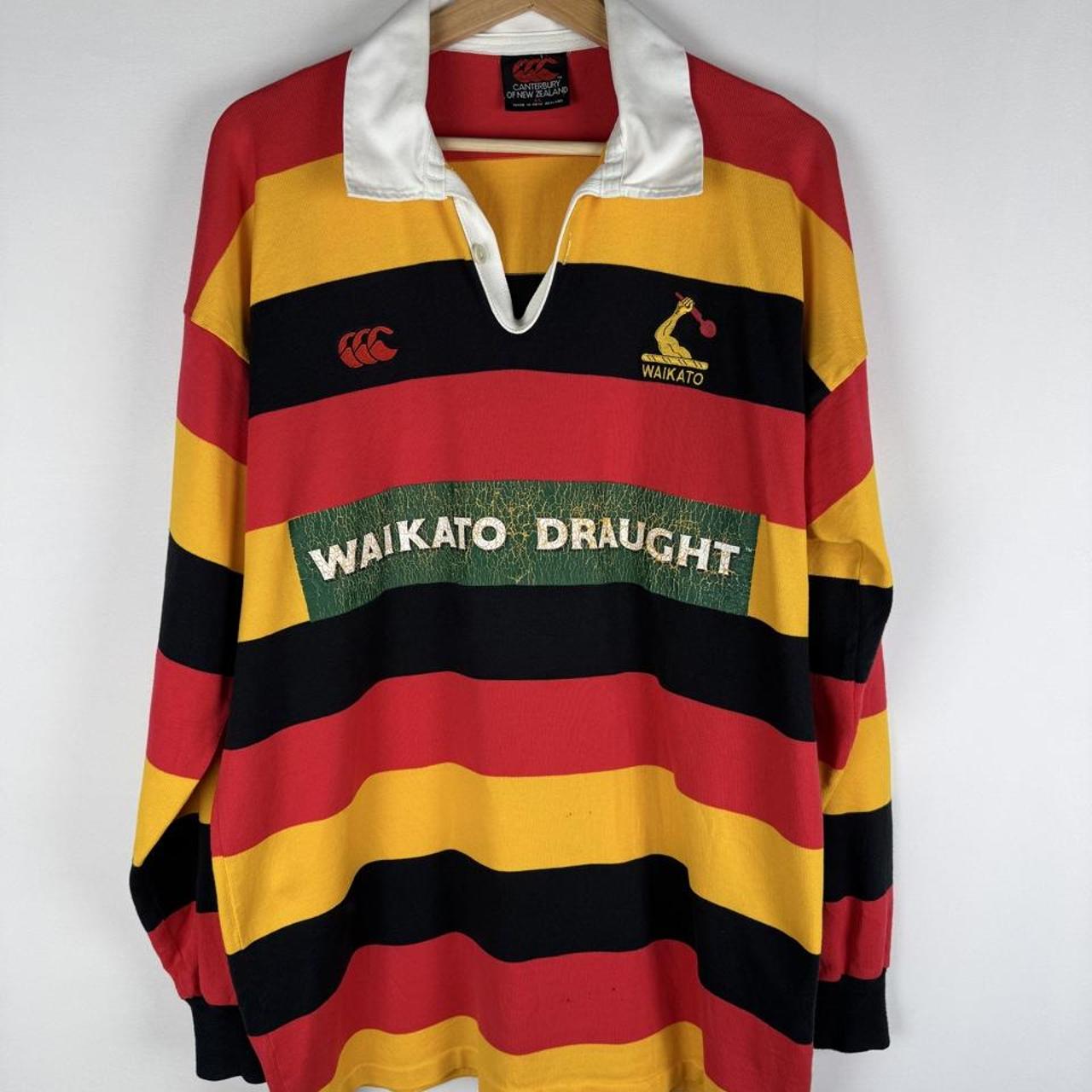 Canterbury men's rugby polo shirt, striped design, rare 1997 Waikato edition, oversized fit.