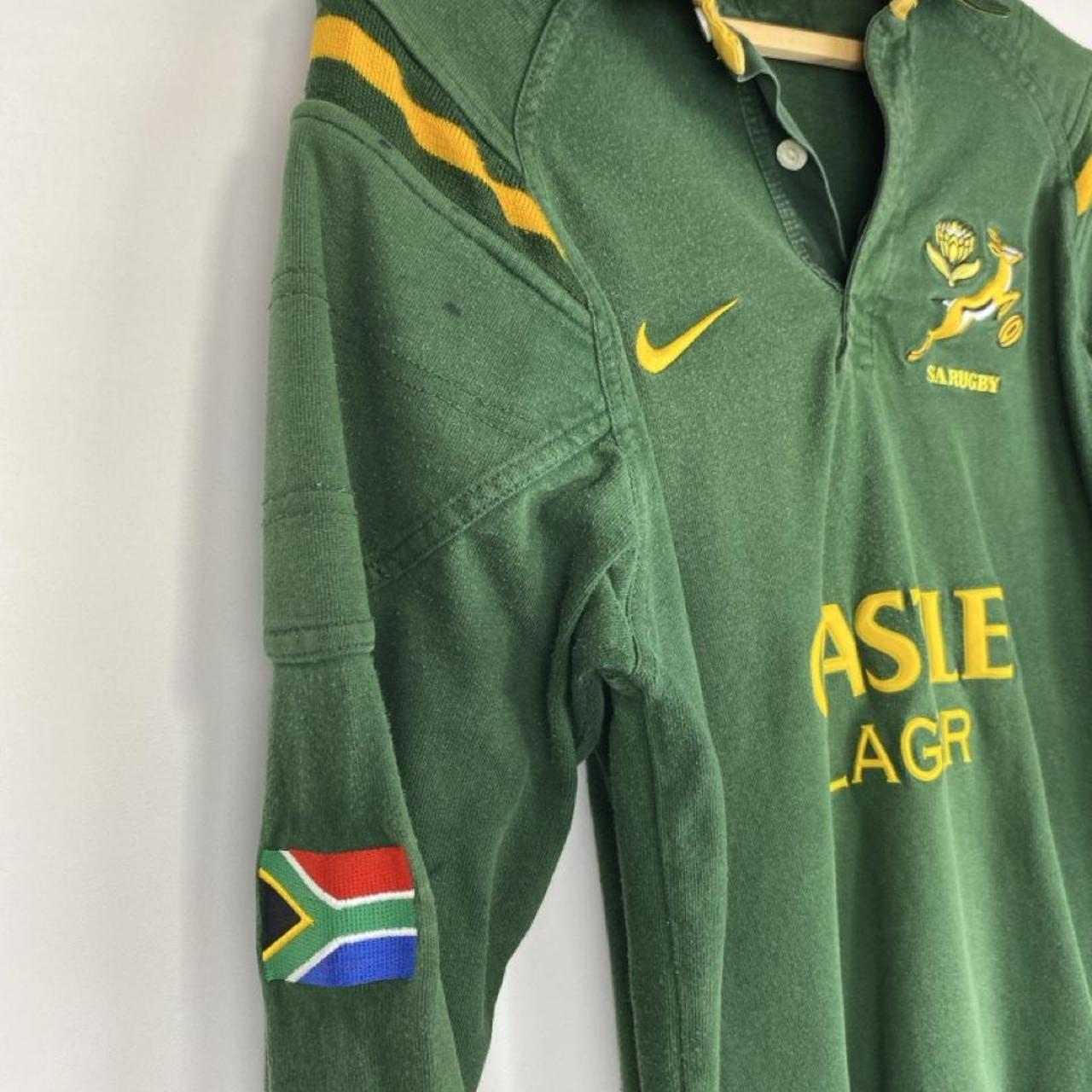 Nike men's rugby polo shirt green and yellow with Springboks logo and player fit.