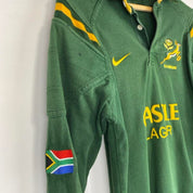 Nike men's rugby polo shirt green and yellow with Springboks logo and player fit.