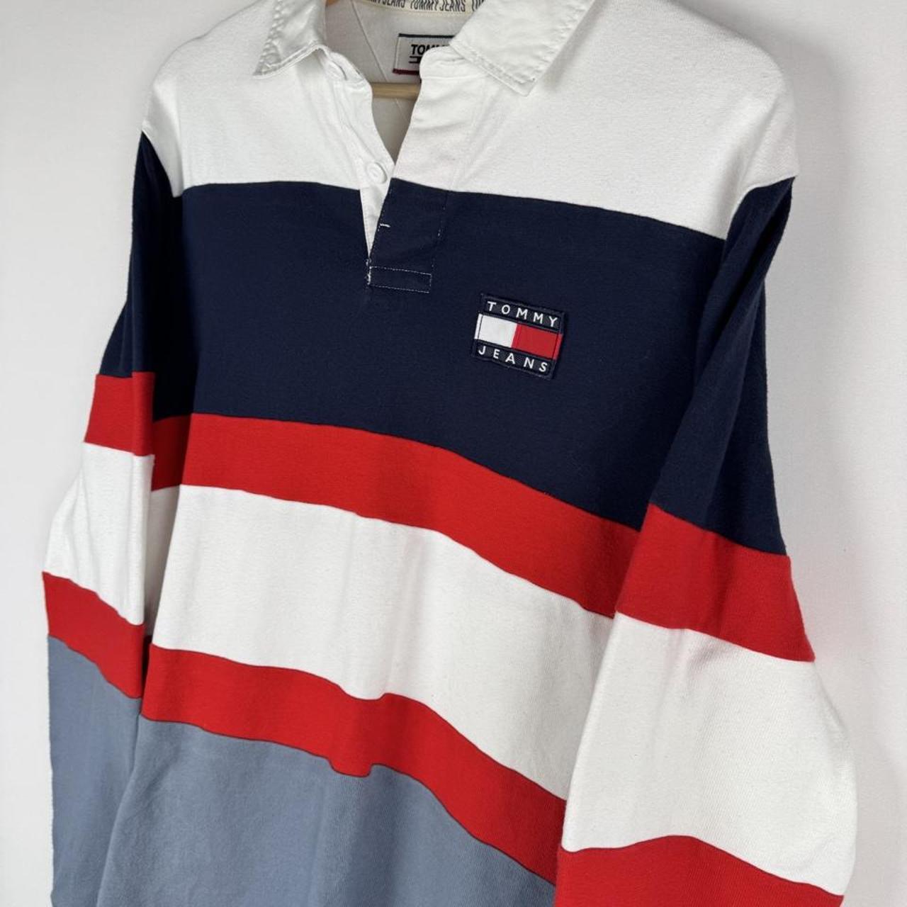 Tommy Hilfiger striped rugby polo shirt with embroidered logo in navy and white.