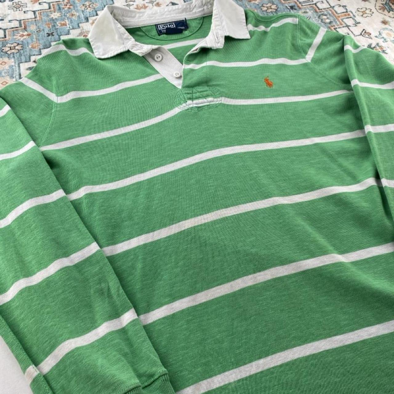 Polo Ralph Lauren green striped rugby polo shirt with embroidered logo and cotton material.
