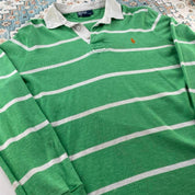 Polo Ralph Lauren green striped rugby polo shirt with embroidered logo and cotton material.