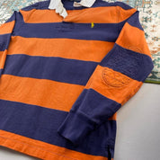 Polo Ralph Lauren navy and orange rugby polo shirt with thick stripes and embroidered logo.