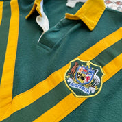 1990s Australia Wallabies rugby polo green with embroidered logo and classic collar.