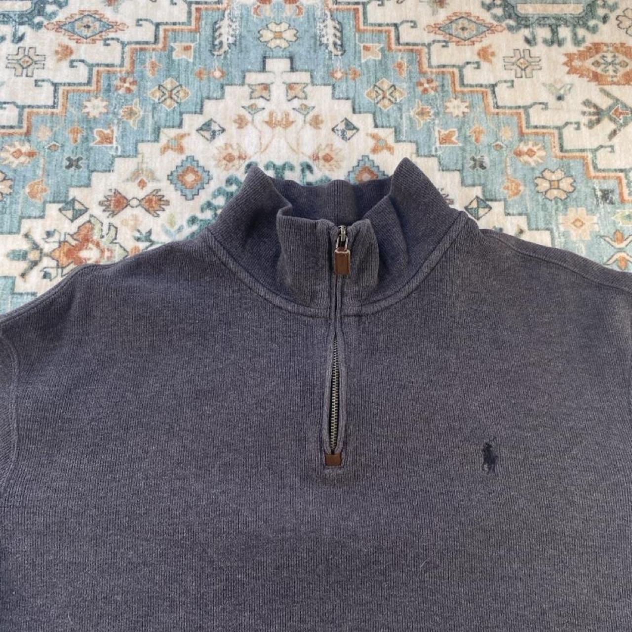 Polo Ralph Lauren grey quarter zip fleece with embroidered logo and soft material.