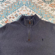 Polo Ralph Lauren grey quarter zip fleece with embroidered logo and soft material.