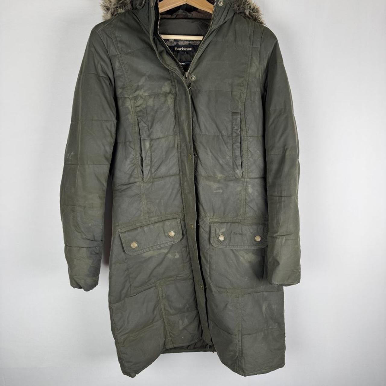 Barbour khaki women's thick down jacket with logo and signs of wear.