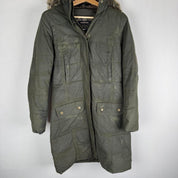 Barbour khaki women's thick down jacket with logo and signs of wear.