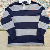 Polo Ralph Lauren navy rugby polo shirt with thick stripes and embroidered logo.