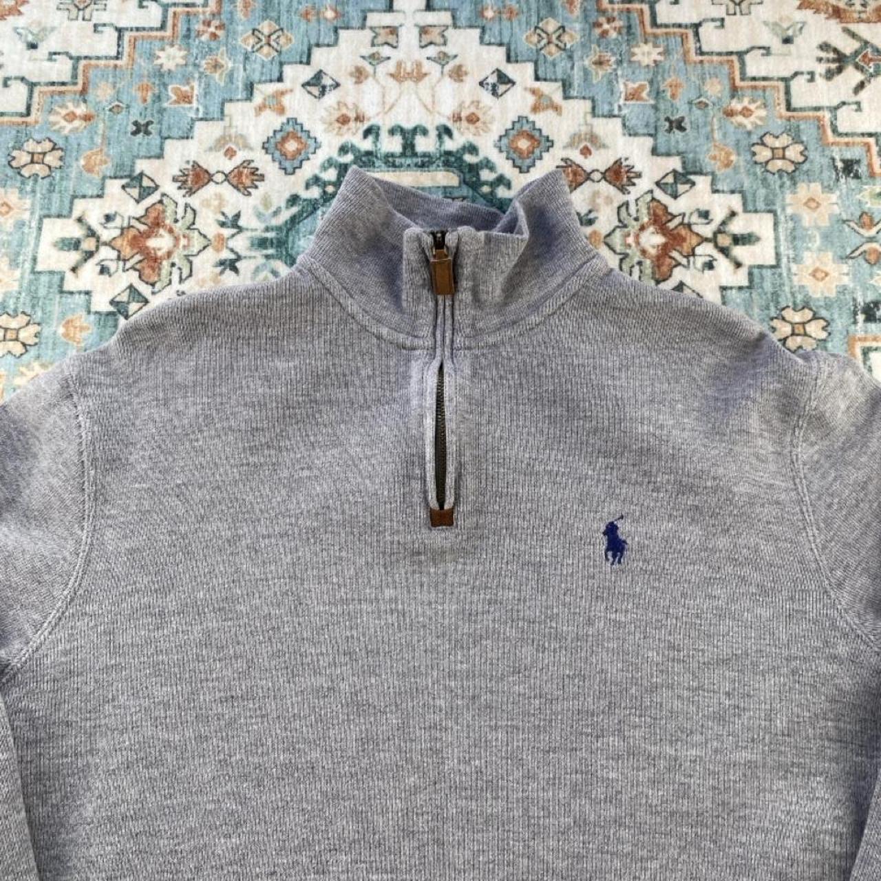 Polo Ralph Lauren grey quarter zip jumper with embroidered pony logo and slim fit.