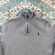 Polo Ralph Lauren grey quarter zip jumper with embroidered pony logo and slim fit.
