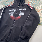 True Religion black and white full zip hoodie with logo and contrast stitching.