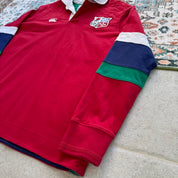 Canterbury men's rugby polo red with British and Irish Lions logo and embroidered details.