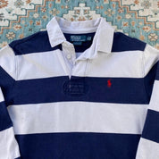 Polo Ralph Lauren navy striped rugby polo shirt with embroidered logo and thick cotton material.