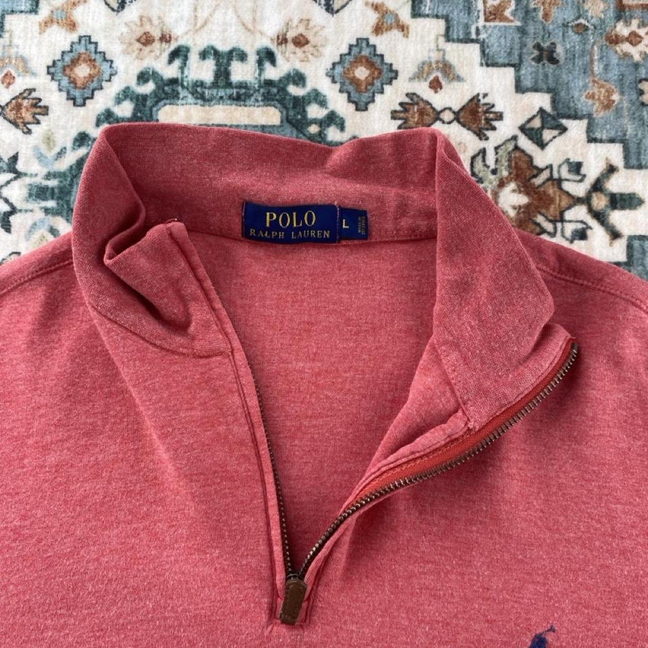 Polo Ralph Lauren pink quarter zip fleece with embroidered logo and soft material.