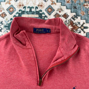 Polo Ralph Lauren pink quarter zip fleece with embroidered logo and soft material.
