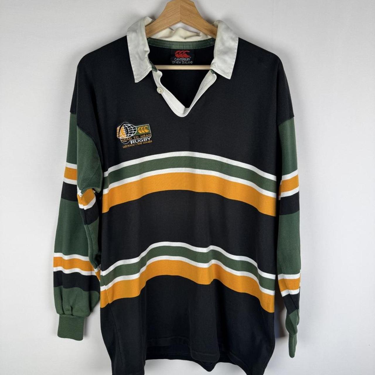 Canterbury men's polo shirt blue and white stripes, vintage 1990s, embroidered logo.