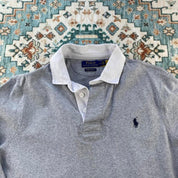Polo Ralph Lauren grey rugby polo shirt with embroidered logo and classic collar.