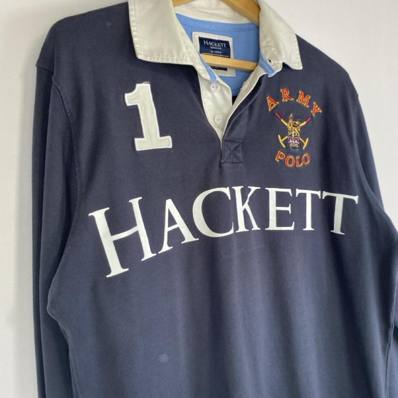 Hackett navy and white rugby polo shirt with spellout logo and thick fabric.