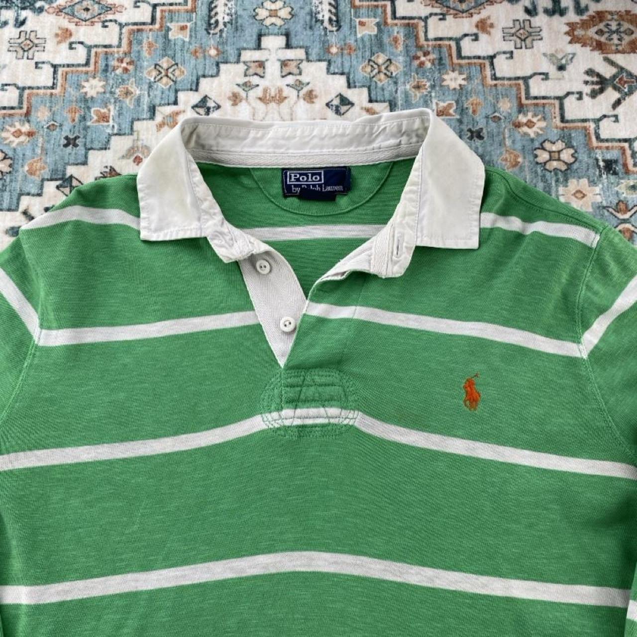 Polo Ralph Lauren green striped rugby polo shirt with embroidered logo and cotton material.