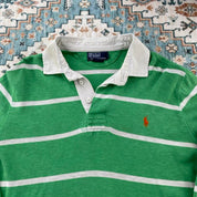 Polo Ralph Lauren green striped rugby polo shirt with embroidered logo and cotton material.