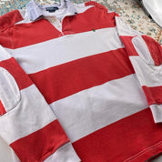 Polo Ralph Lauren red and white striped rugby polo shirt with embroidered logo.