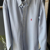 Polo Ralph Lauren striped button down shirt blue and white, classic collar, relaxed fit.
