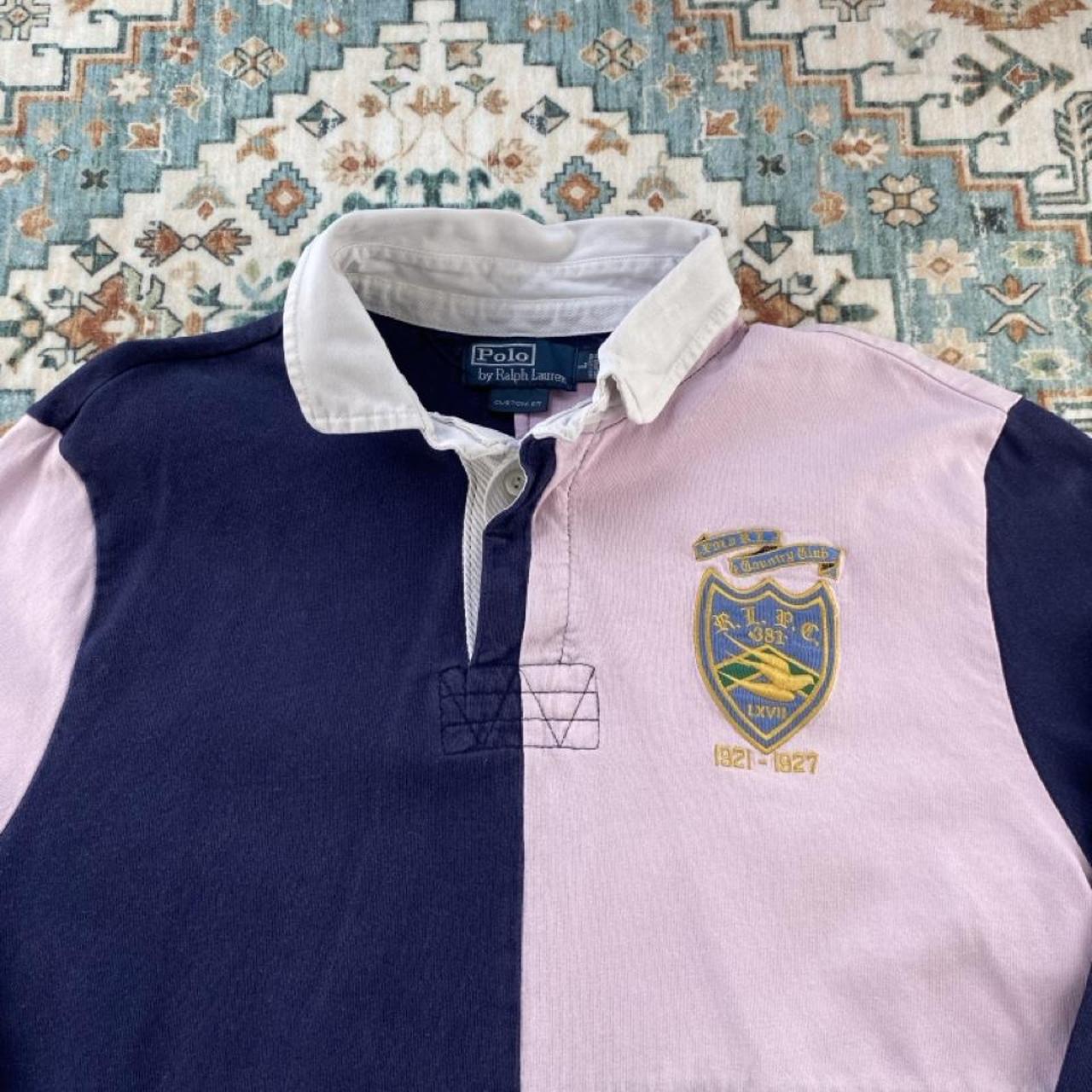 Polo Ralph Lauren men's rugby polo shirt green and navy quarter panel design, embroidered logo.