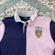 Polo Ralph Lauren men's rugby polo shirt green and navy quarter panel design, embroidered logo.