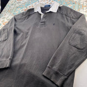 Polo Ralph Lauren grey rugby polo shirt with embroidered logo and thick fabric.