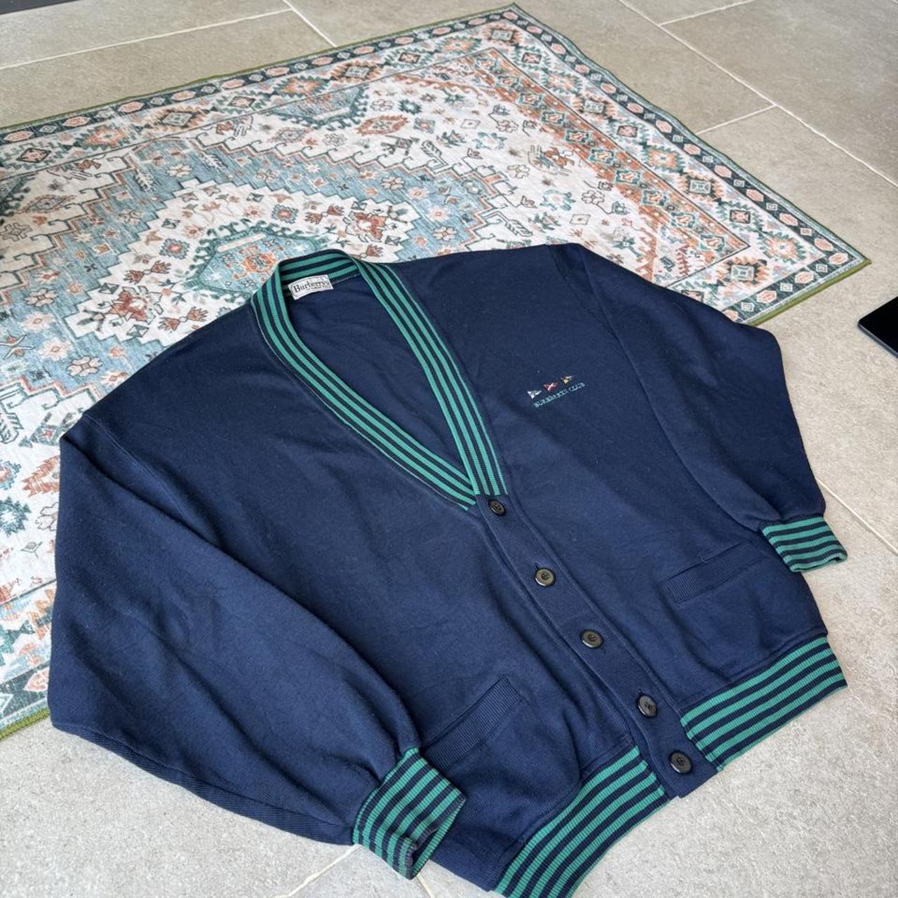 Burberry blue and green cardigan with Nautic Club embroidery and vintage 1980s style.