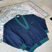 Burberry blue and green cardigan with Nautic Club embroidery and vintage 1980s style.