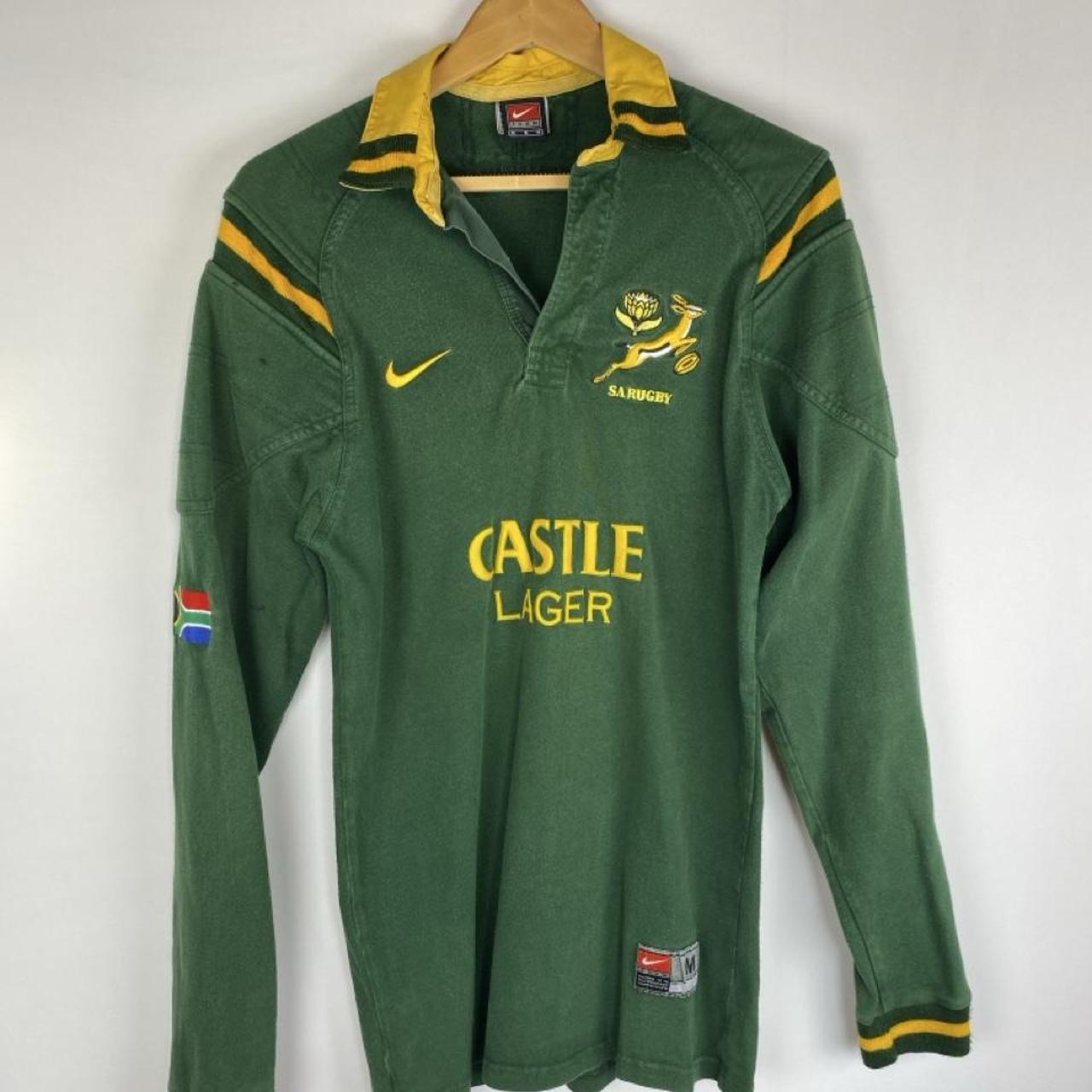 Nike men's rugby polo shirt green and yellow with Springboks logo and player fit.