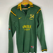 Nike men's rugby polo shirt green and yellow with Springboks logo and player fit.