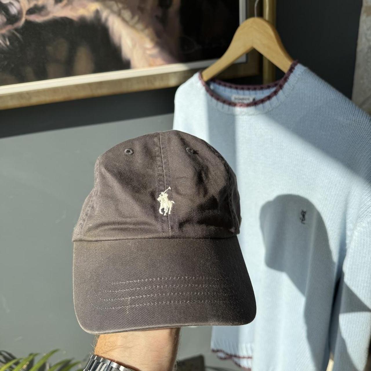 Polo Ralph Lauren stone grey cap with embroidered pony logo and green discolouration.