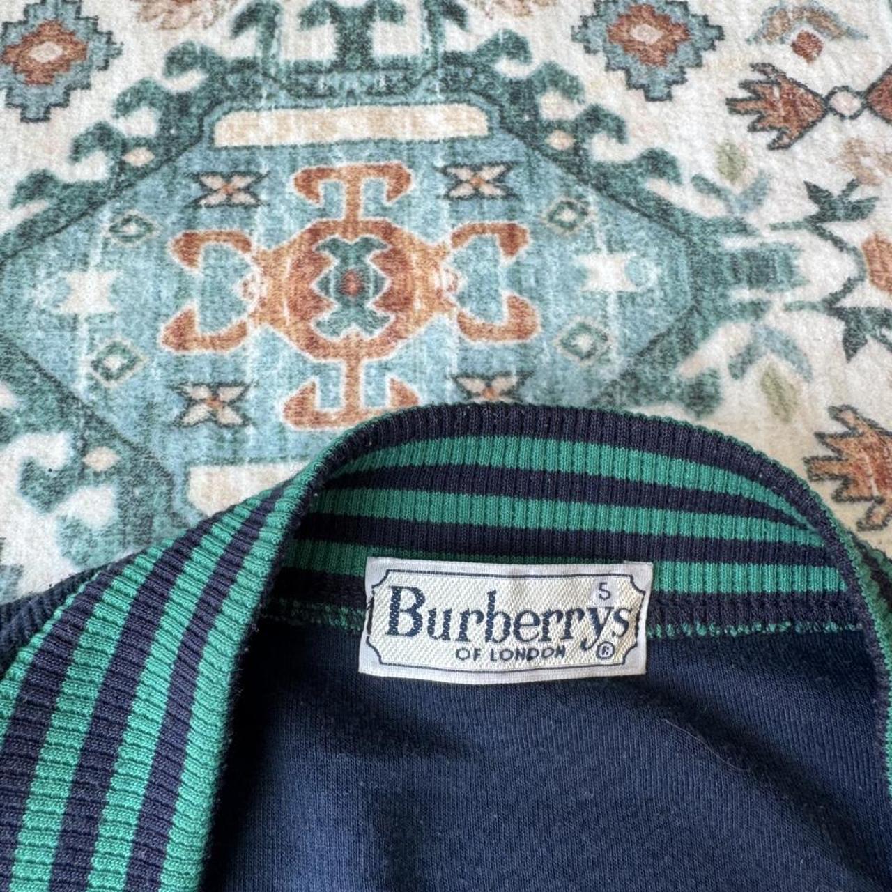 Burberry blue and green cardigan with Nautic Club embroidery and vintage 1980s style.