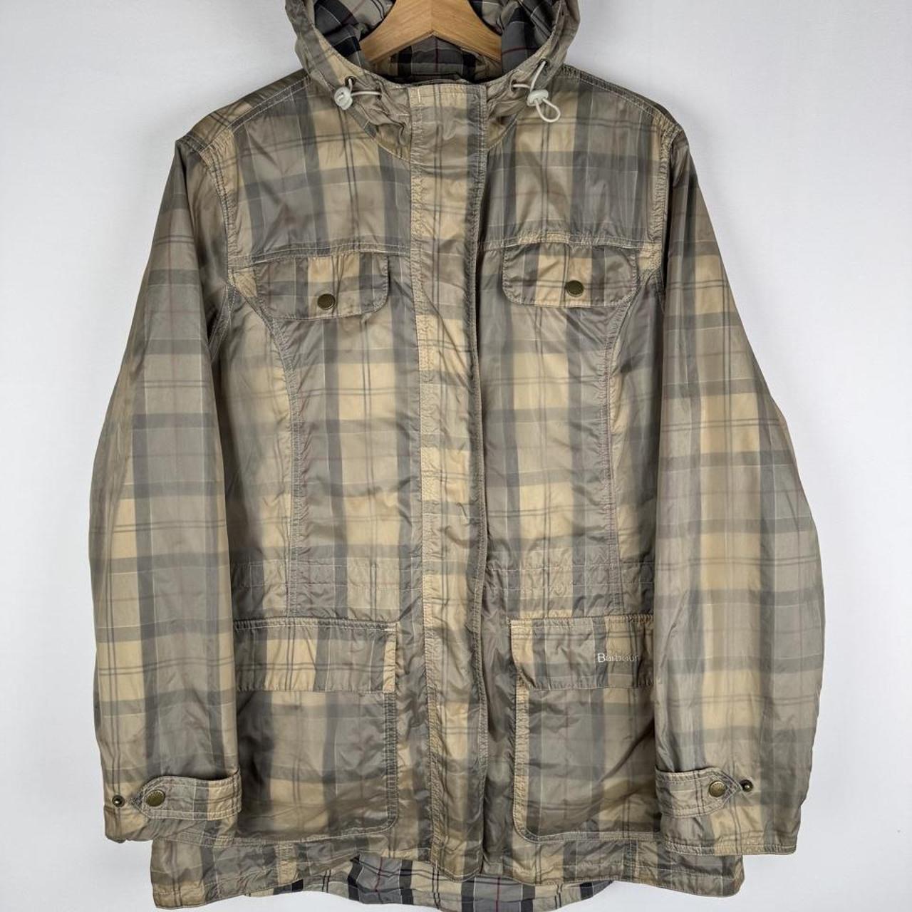 Barbour cream checkered parachute field jacket with relaxed fit and distinctive logo.