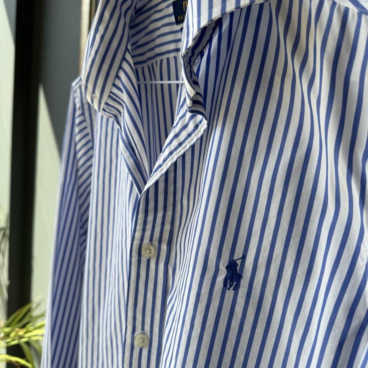 Polo Ralph Lauren men's button down shirt blue and white striped, classic fit, cotton material.