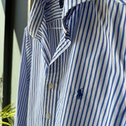 Polo Ralph Lauren men's button down shirt blue and white striped, classic fit, cotton material.